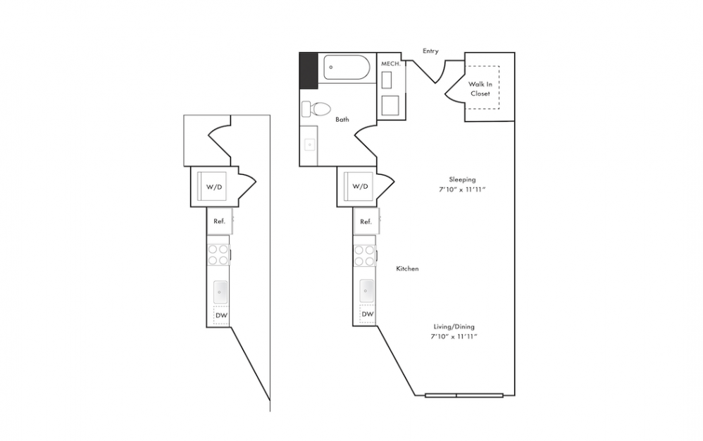 S1 - Studio floorplan layout with 1 bath and 494 square feet.