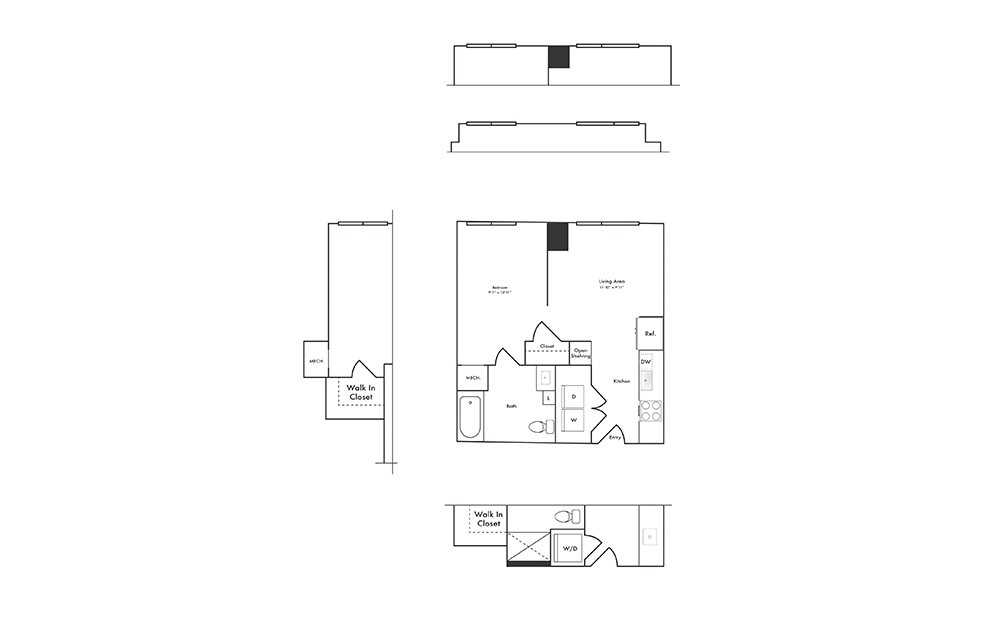 S7 - Studio floorplan layout with 1 bath and 507 to 543 square feet.