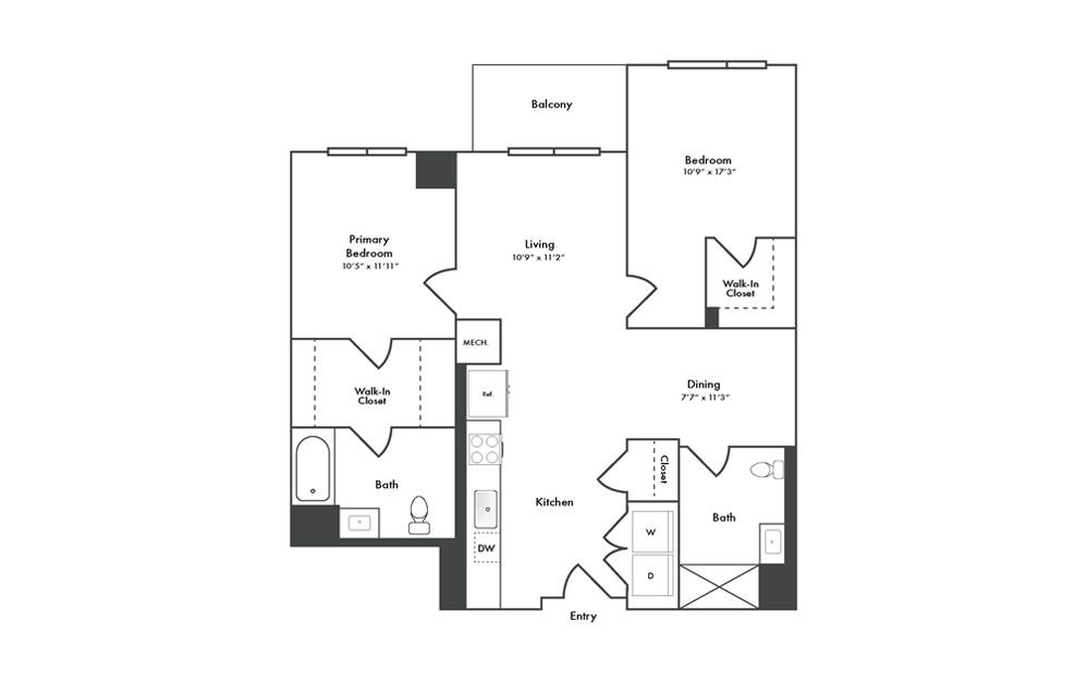 B2 - 2 bedroom floorplan layout with 2 baths and 1002 square feet.