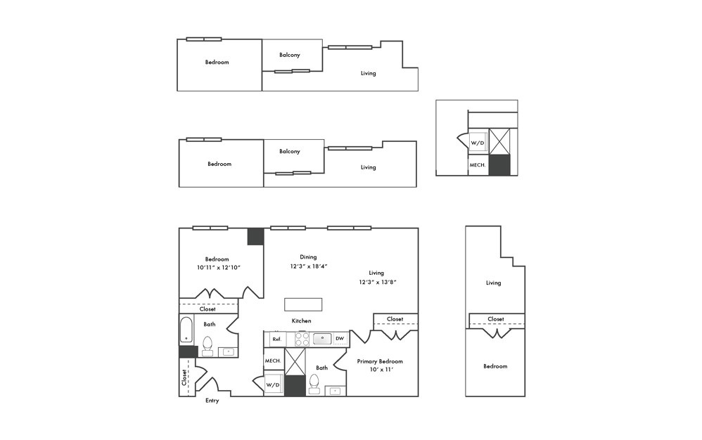 B3 - 2 bedroom floorplan layout with 2 baths and 1102 square feet.