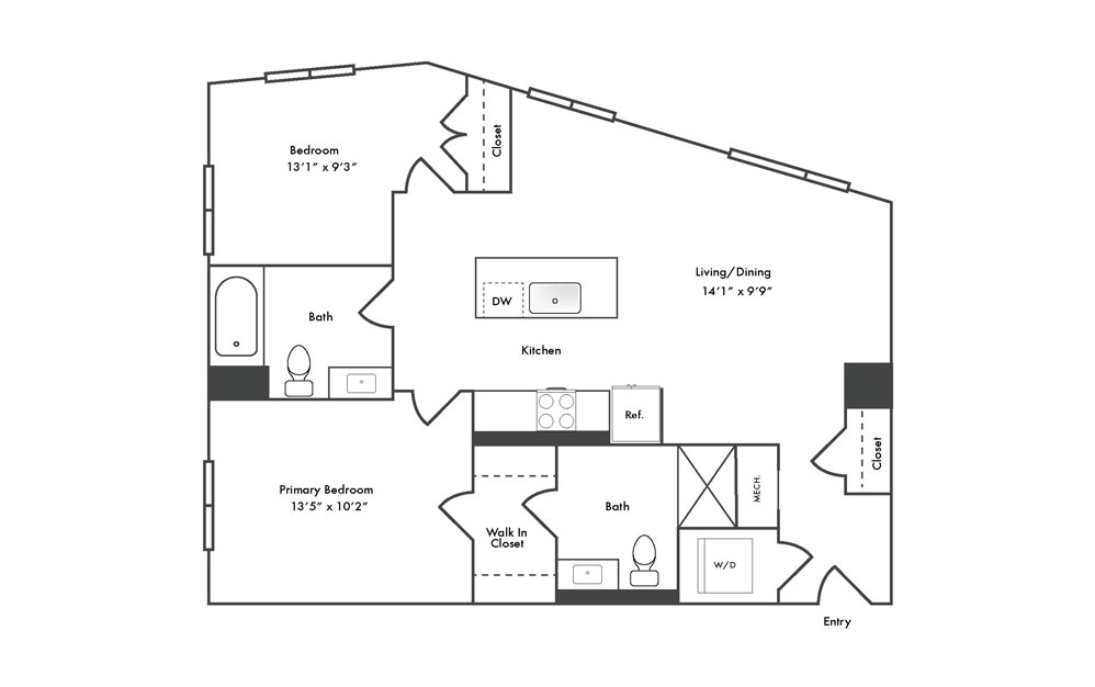 B5 - 2 bedroom floorplan layout with 2 baths and 965 square feet.
