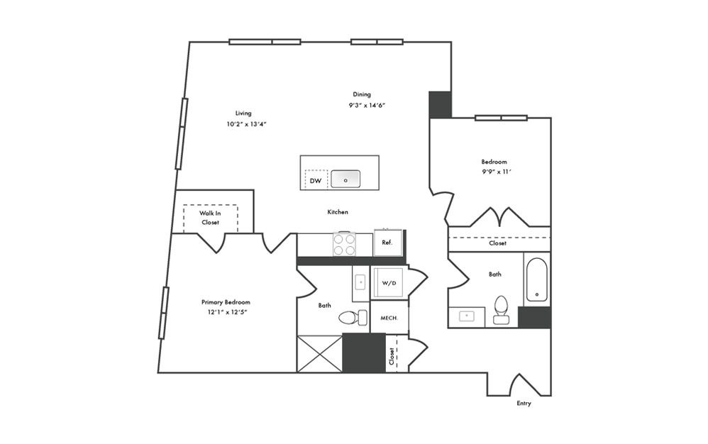 B6 - 2 bedroom floorplan layout with 2 baths and 1100 square feet.