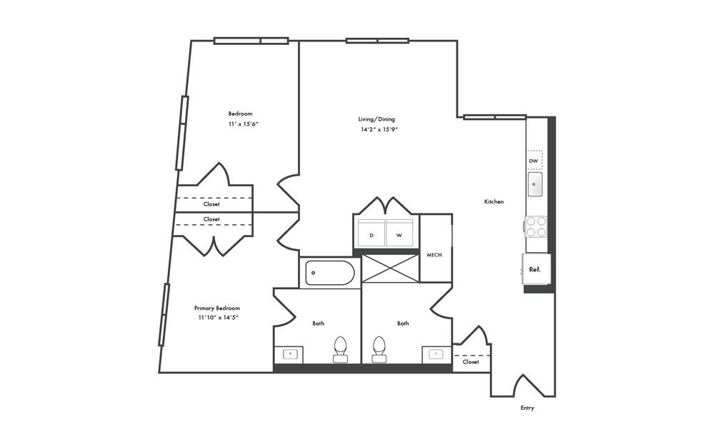 B7 - 2 bedroom floorplan layout with 2 baths and 994 square feet.
