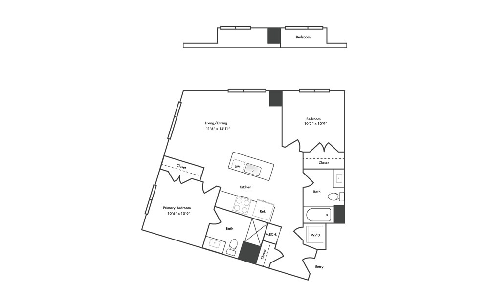 B8 - 2 bedroom floorplan layout with 2 baths and 955 square feet.