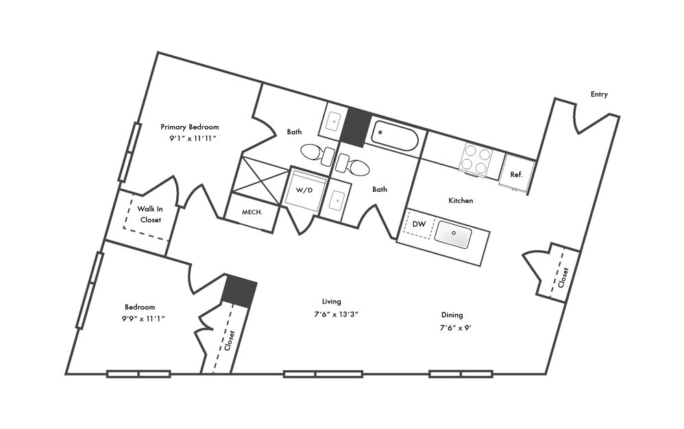 B9 - 2 bedroom floorplan layout with 2 baths and 1013 square feet.